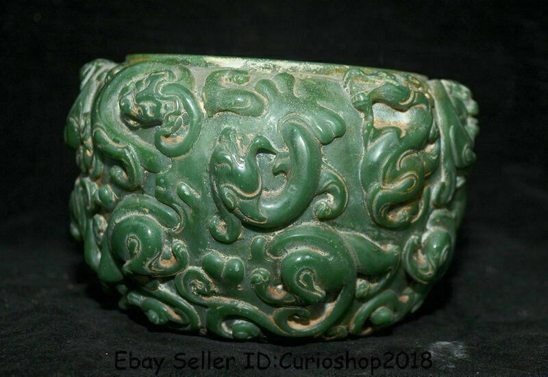 7" Rare Old Chinese Natural Green Jade Carved Dynasty Dragon Beast Pot Jar Crock