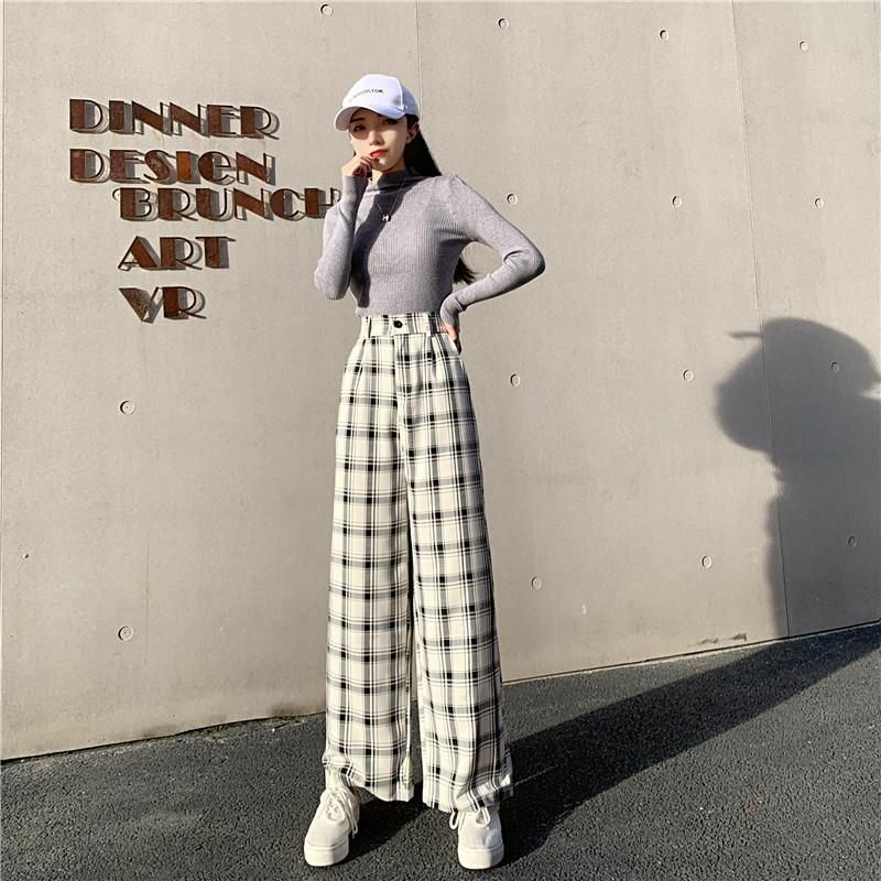 Women Pants Street Simple Vintage Plaid Causal Long Fashion Straight Wide Leg