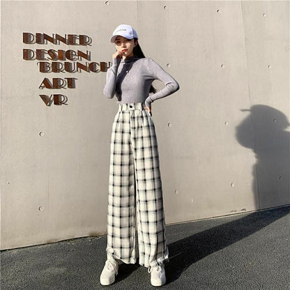 Women Pants Street Simple Vintage Plaid Causal Long Fashion Straight Wide Leg