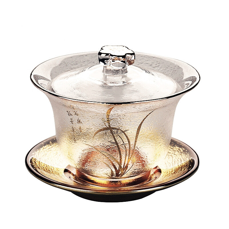 Creative Gaiwan Glass Tureen Sancai Bowl Cup Saucer Lid Teaware Floral Print New