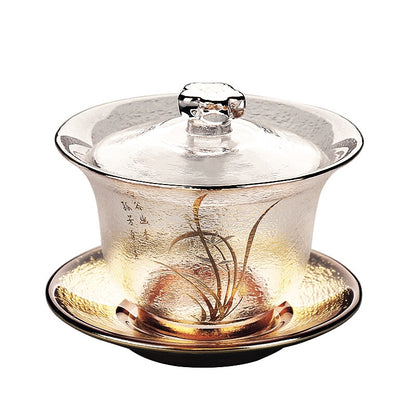 Creative Gaiwan Glass Tureen Sancai Bowl Cup Saucer Lid Teaware Floral Print New