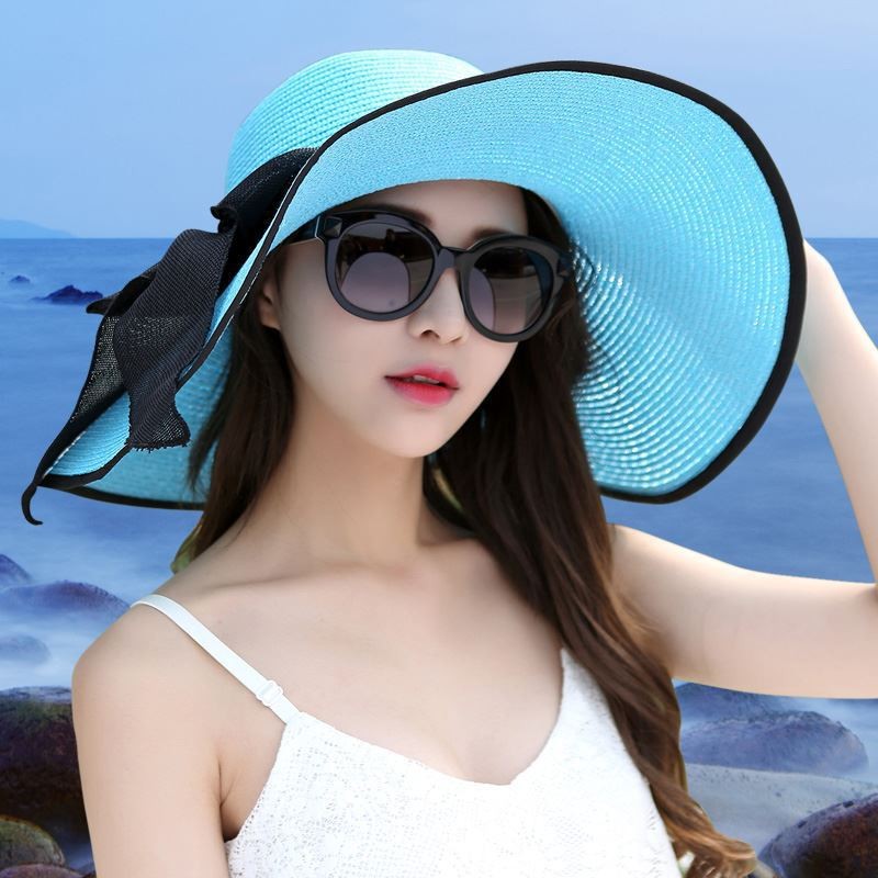 Outdoor Seaside Woman Fashion Big Bow Large Brimmed Cap Foldable Straw Hat