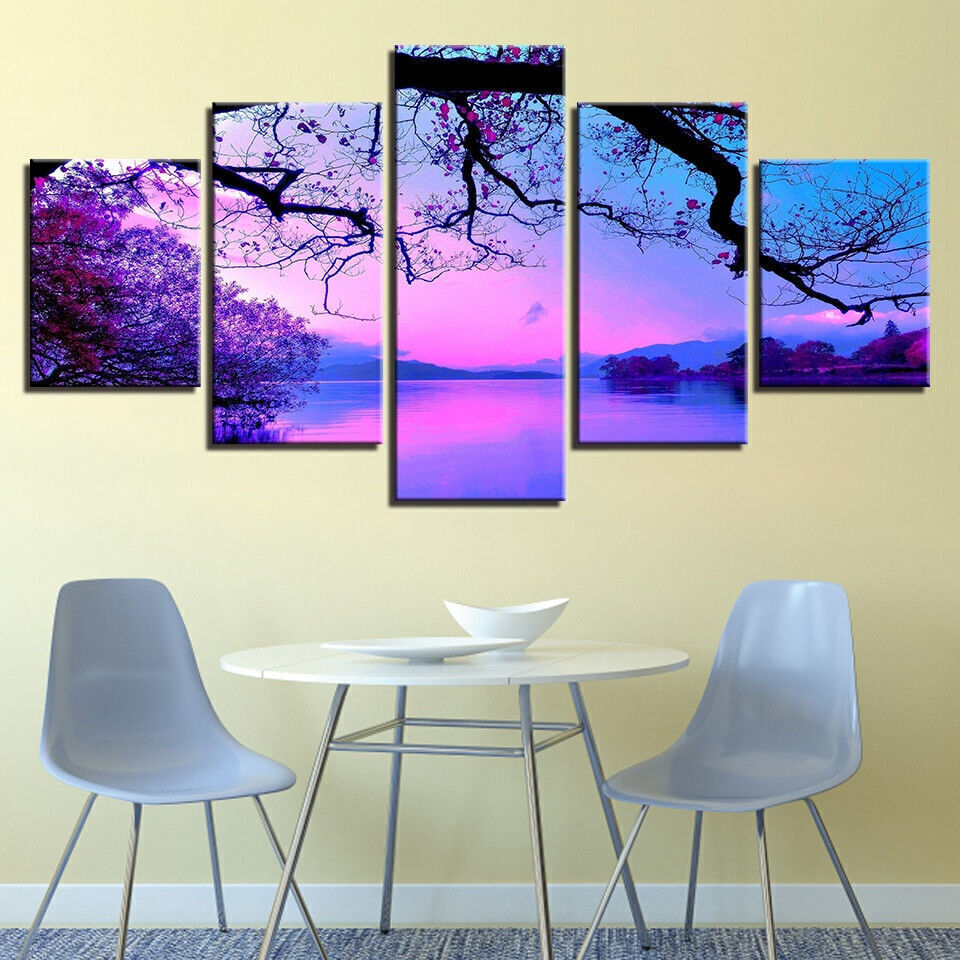 Purple Trees Lake Sunset Nature Landscape Painting 5 Panel Canvas Print Wall Ar