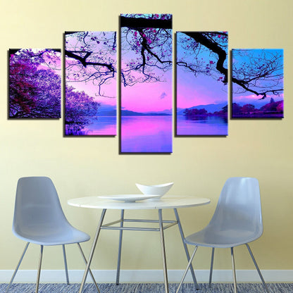 Purple Trees Lake Sunset Nature Landscape Painting 5 Panel Canvas Print Wall Ar