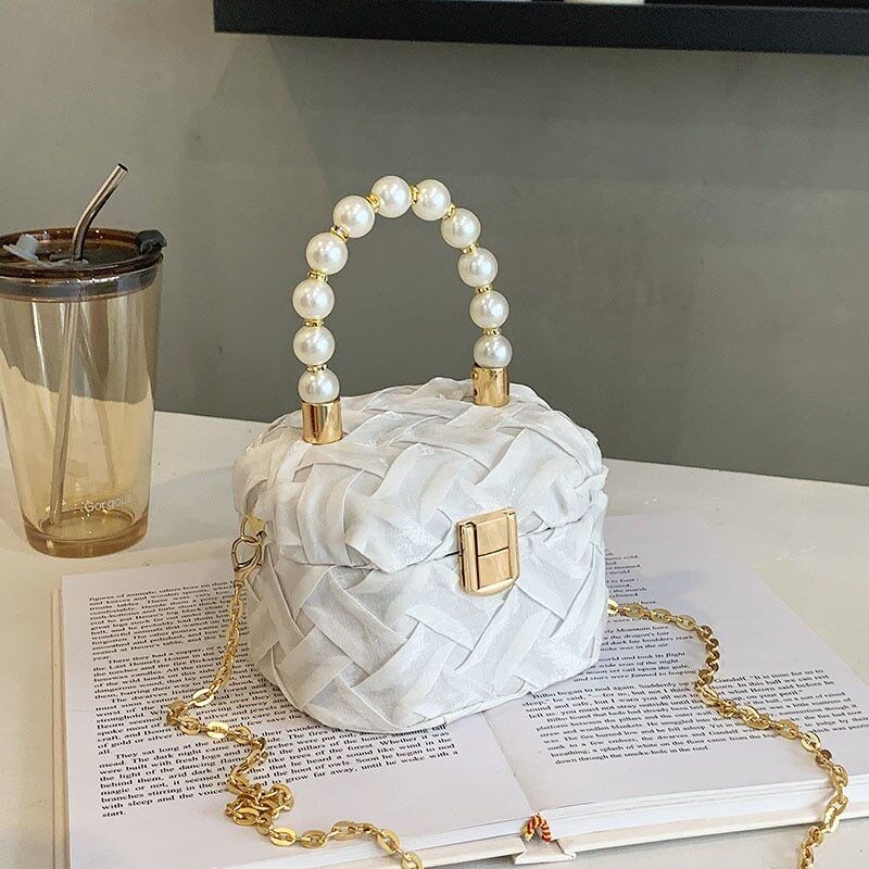 Box Handbags Women Pearl Beads Decor Lock Chain Shoulder Bag Purses Bag