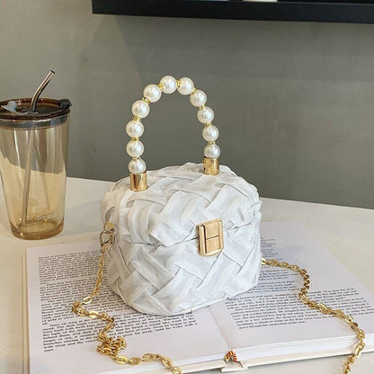 Box Handbags Women Pearl Beads Decor Lock Chain Shoulder Bag Purses Bag