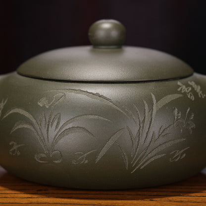 200ml Yixing Zisha Pottery Handmade Green Clay Tea Pot Orchids Mesh Teapot 扁西施