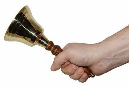 Large School Bell, Polished Brass Metal Handbell, Gold Color with Wooden Handle