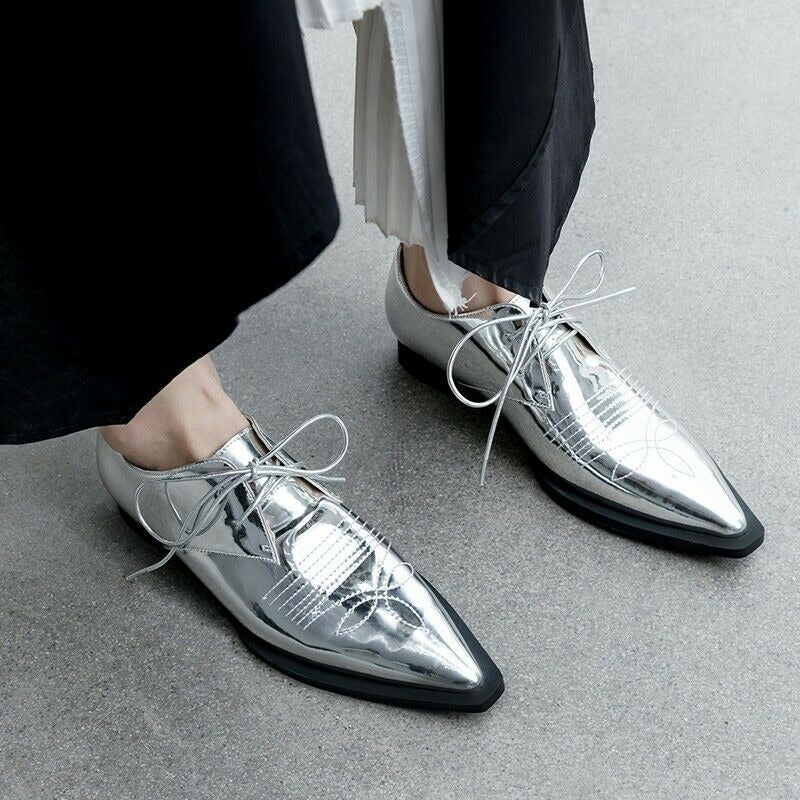 New Womens Brogues Pointy Toe Lace Up Flat Heel Casual Pumps Shoes Retro 34-40