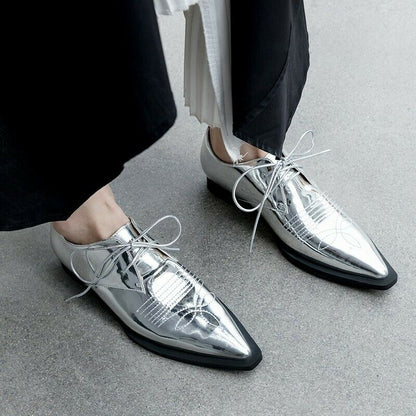 New Womens Brogues Pointy Toe Lace Up Flat Heel Casual Pumps Shoes Retro 34-40