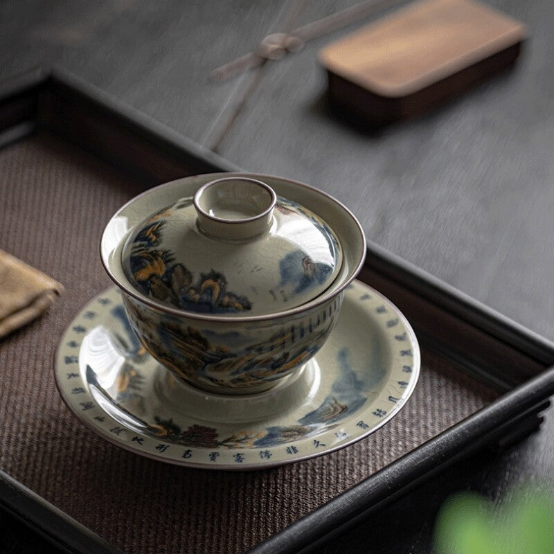 150ml handmade gaiwan crackle glaze porcelain tureen handpainted bowl saucer lid