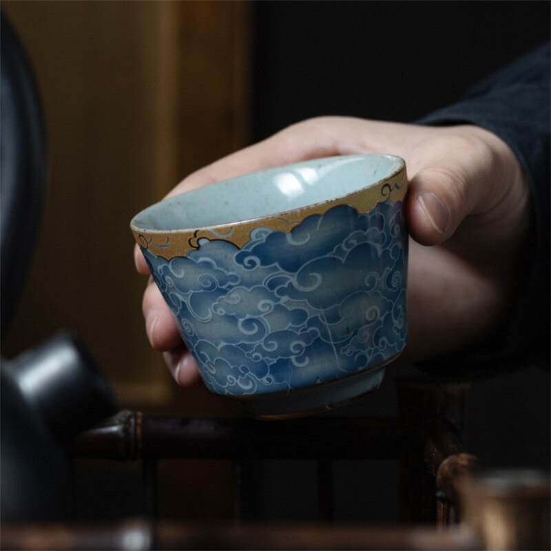 Japanese-style Ceramic Cyan Cloud Glaze Teacup Creative Chinese Kiln Change Tea