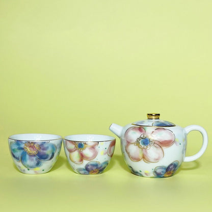 Hand Painted Tea Pot + 2 Matching Tea Cups Thin Glaze Porcelain Pot With Infuser