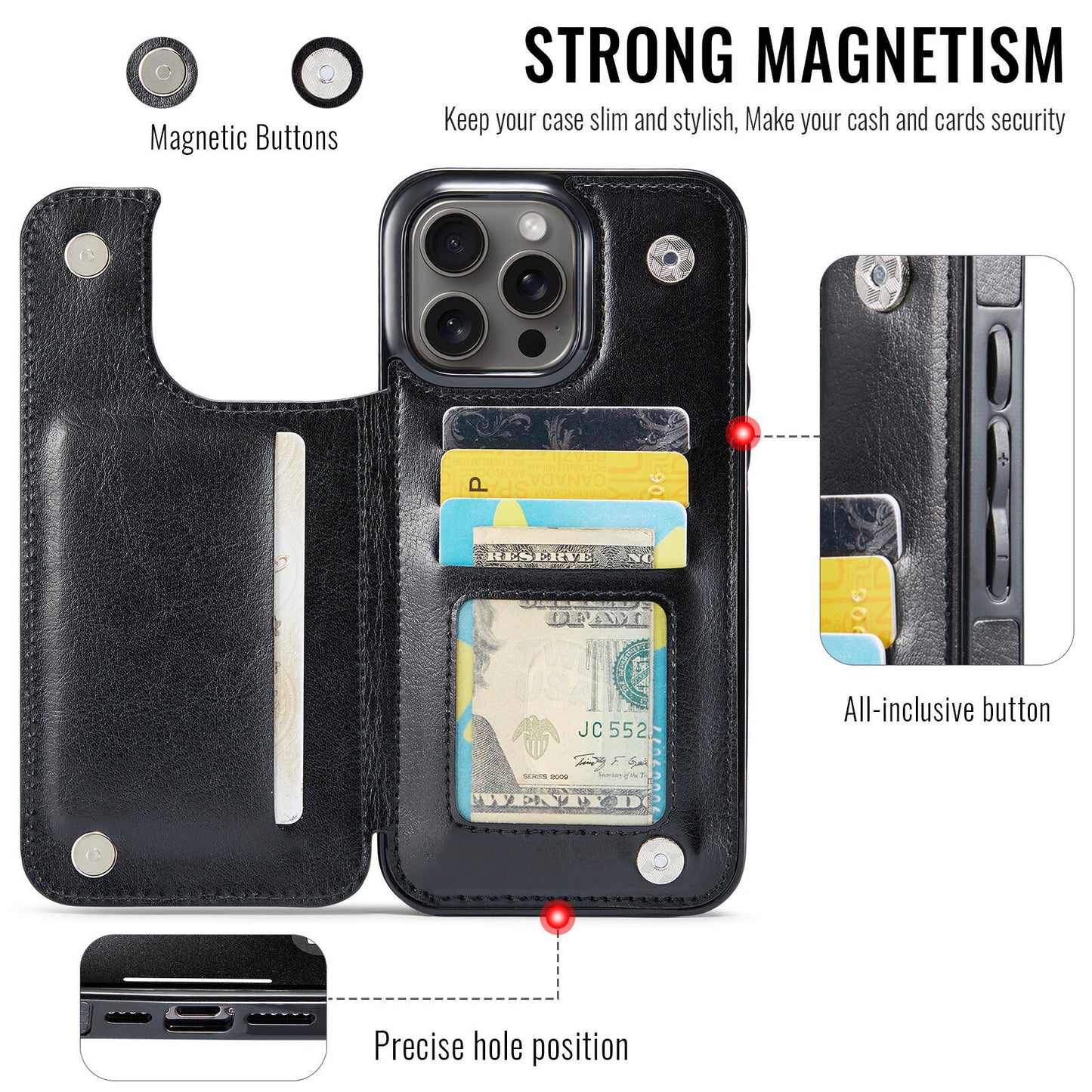 Wallet Case for iPhone 16 15 14 13 12 11 Pro Max XS XR SE with Screen Protector