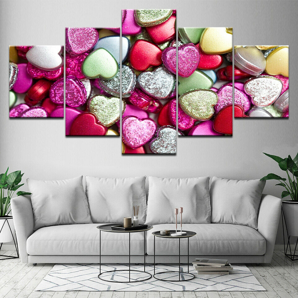 Modern Printed 5 Panel Heart Shape Stone Pictures Painting Wall No Framed