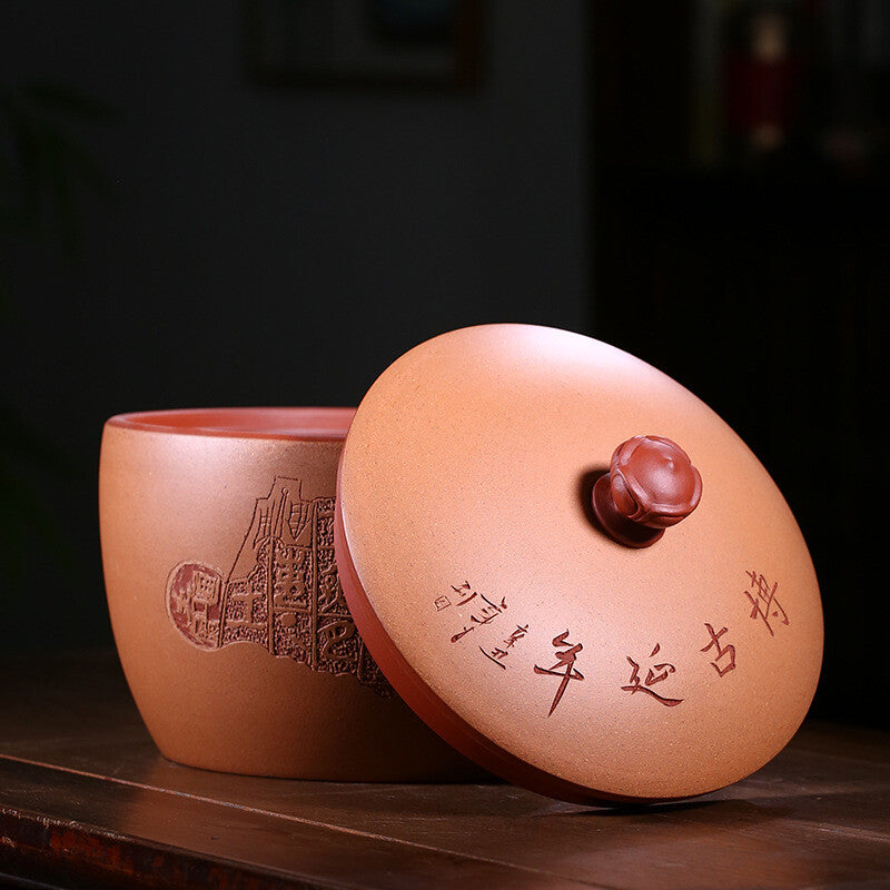 Traditional Handmade Tea Canister Real Yixing Zisha Jiangpo Clay Marked Jar Lid