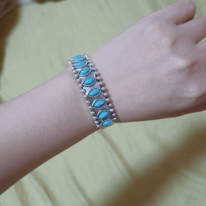 Miao Ethnic Silver Cuff Bracelet Faux Turquoise Boho Vintage Carved Open Bangle