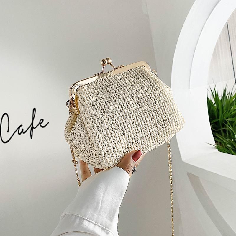 Straw Lock Shell Bag Beach Retro Vintage Chain Shoulder Crossbody Purse Handbags