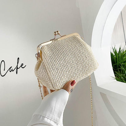 Straw Lock Shell Bag Beach Retro Vintage Chain Shoulder Crossbody Purse Handbags