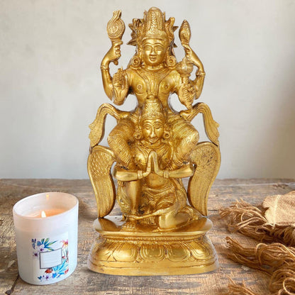Brass Vishnu Riding on Garuda Idol God Figurine Statue 7 Inch Home Decor Temple