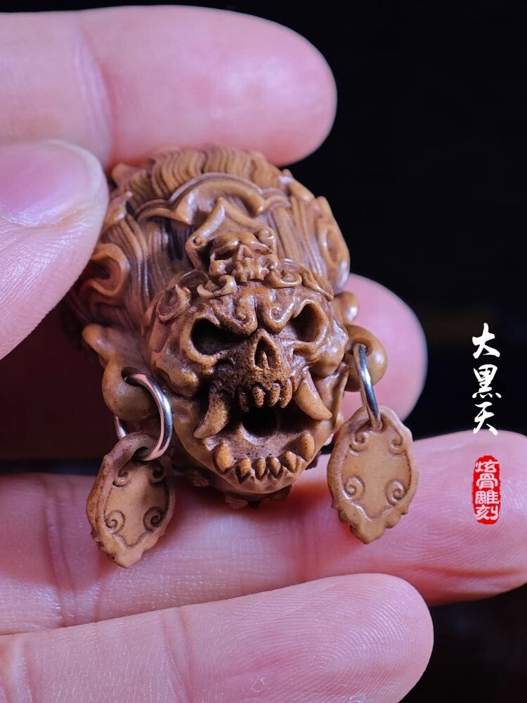Buddhism Mahakala Head Carved Deer Antler Hand Carving Statue Pendant Amulet