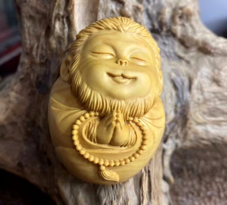 Boxwood Carved Monkey King Statue Carving Figurine Buddha Zen Decor Gift
