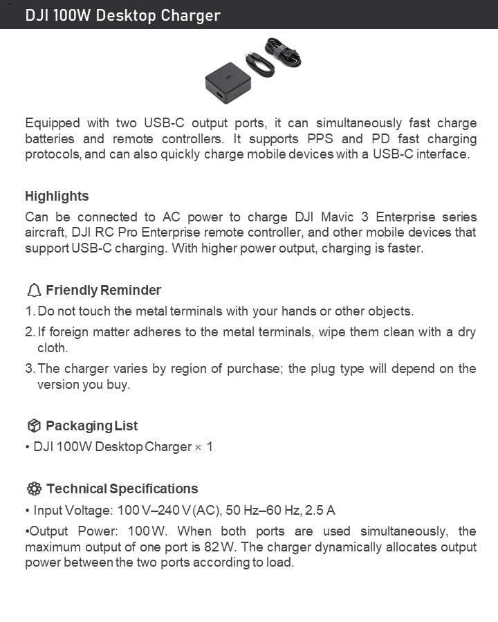 DJI 100W Desktop Charger – Dual USB‑C Fast Charge for Mavic 3/Air 3/Avata
