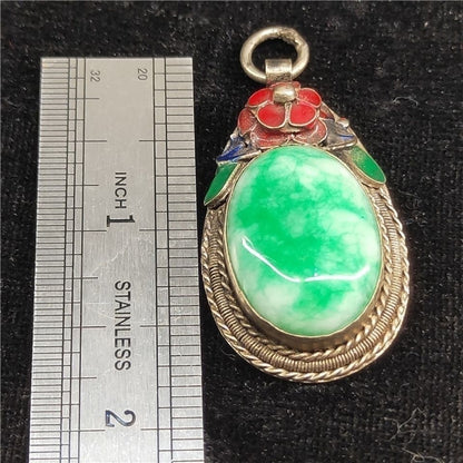 Enamel Alloy Inlaid Jade Stone Pendant Retro Flower Jewelry Decor