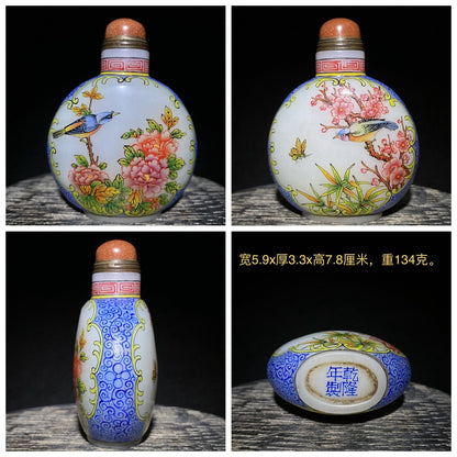chinese glass snuff bottle Statue Painted flower bird rare colored glaze art