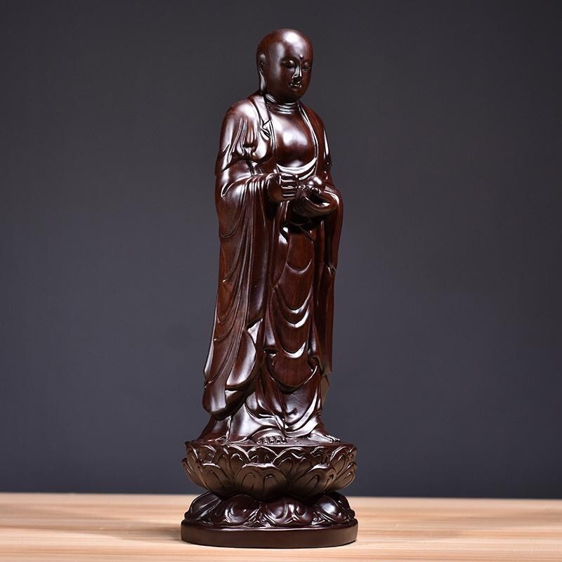 8" Ebony Wood Carved Ksitigarbha Bodhisattva Buddha Statue Buddhism Decor