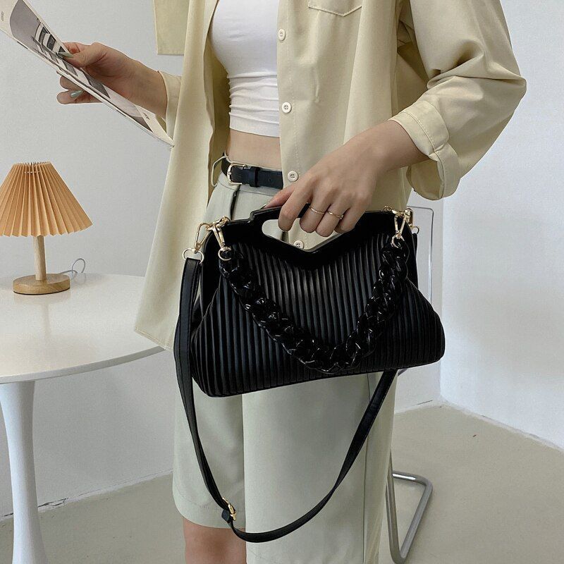 Triangle Handbag Pleated Shoulder Bag Clutch Purses Crossbody Bags 28*19*11 CM