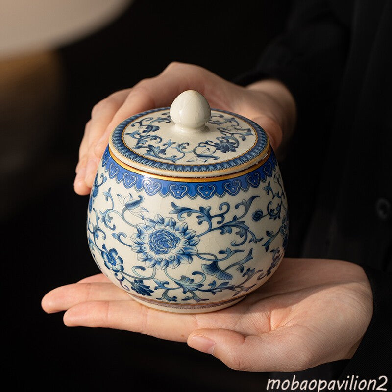 Ru Kiln Blue and White Entangled Lotus Tea Jar Household Storage Jar Tea Set