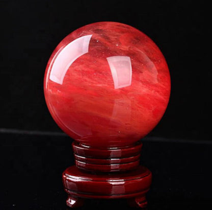 80mm Large Natural Red Smelting Stone Quartz Crystal Sphere Ball Decor + Stand