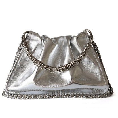 Small Real Leather Ruched Clutch Pouch Purse Tote Shoulder Bag Crossbody Chains