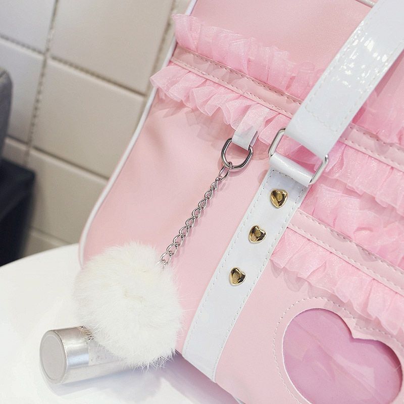 Shoulder Bag Lace Handbag Transparent Heart Handbag Plush Pendant 40*11*27 CM