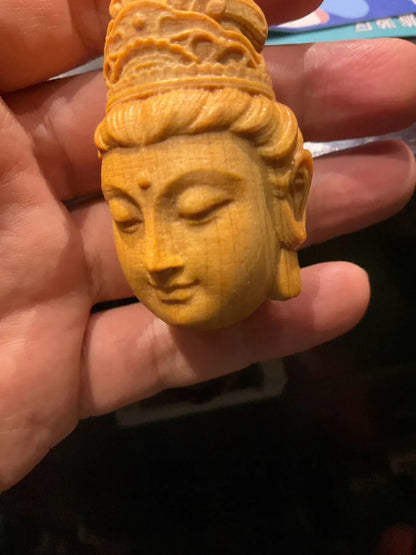 2.3" Natural Wood Carving Artware Avalokitesvara Pendant Men Lucky Hand Statue