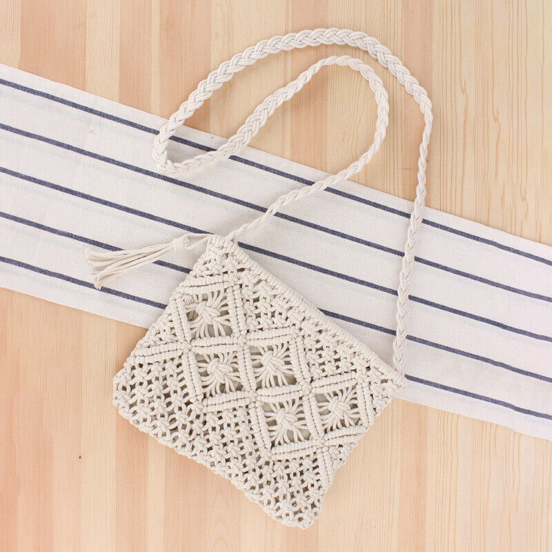 Boho Woven Handbag Women Summer Beach Cotton Tassel Bag Rattan Shoulder Ladies