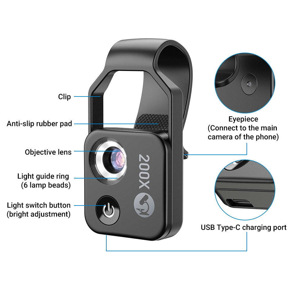 APEXEL 200X with CPL Phone Microscope with LED Light/Clip for IPhone and Android
