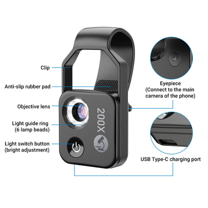 APEXEL 200X with CPL Phone Microscope with LED Light/Clip for IPhone and Android