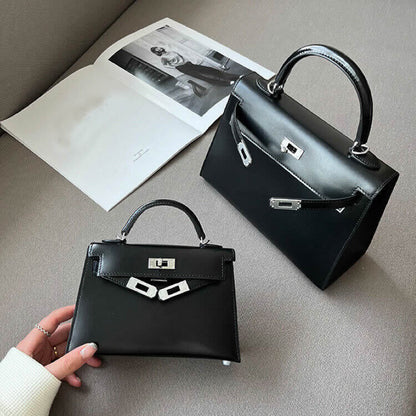 19/25 Trapezoid Glossy Real Leather Flap Tote Handbag Shoulder Bag Purse Fashion