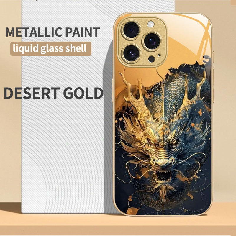 For iPhone 17 Pro Max/16/15 Plus/14 Metal Glass Painted Dragon Shockproof Case