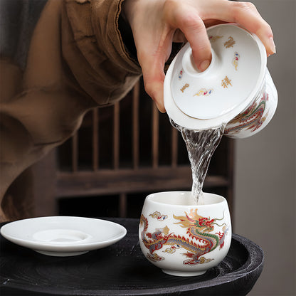 Color-changing Gaiwan Dragon and Phoenix White Porcelain Tea Cup Kung Fu Tea Set