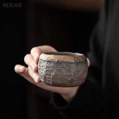 Buddhism 120ml Rough Pottery Handmade Relief Heart Sutra Zen Cup Ceramic Master