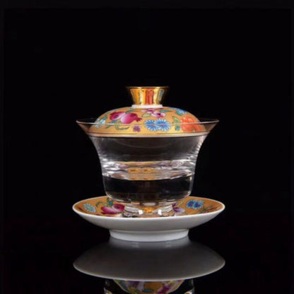 Tea Bowl Thickened Glass Tureen Tea Cover Bowl Lid Sancai Gaiwan Hand Painted