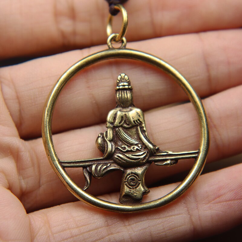 Vintage Brass Guanyin Bodhisattva Round Key Chain Ring Lanyard Pendant Buddhist
