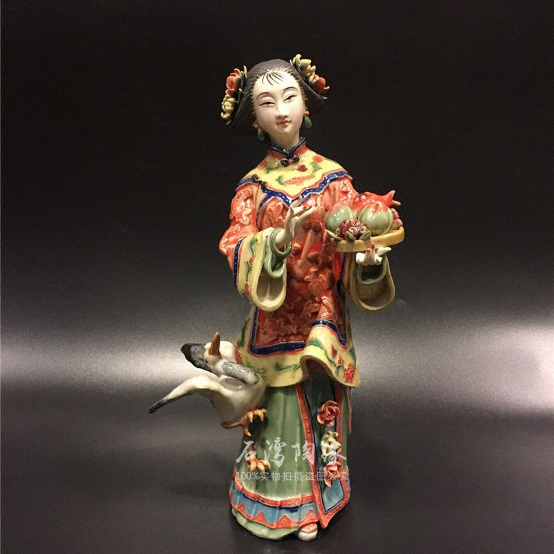 12" Chinese Wucai Porcelain Classical Beauty Women Bird Peach Long Life Figurine