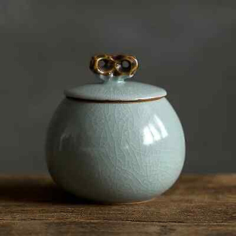 1pc 3.54" Chinese Ceramic Tea Caddy Sealed Ru Kiln Tea Storage Tank Tea Set Gift