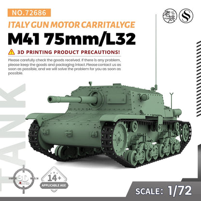 SSMODEL 1/72 25mm Military Model Kit Italy M41 75mm/L32 Gun Motor CarrItalyge