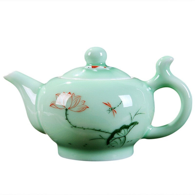 Longquan Celadon Tea Pot Handpainted Floral Ceramic Pot 7 Infuser Holes 220ml
