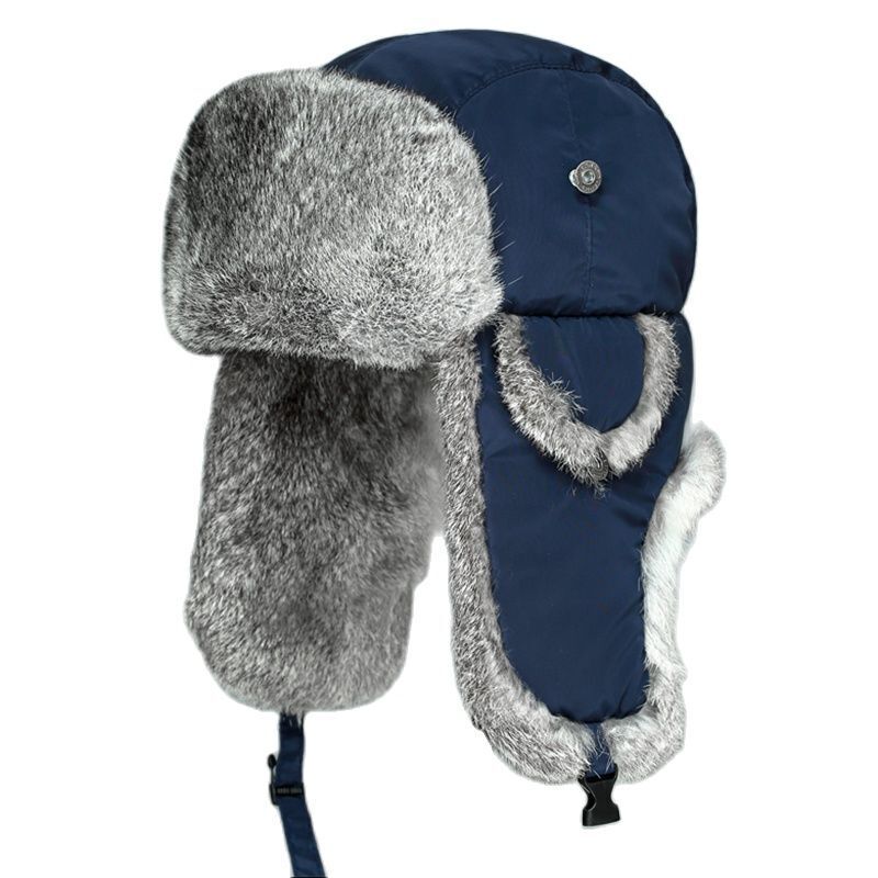 Men Bomber Hats Natural Real Rabbit Fur Outdoor Windproof Super Warm Cap 55-62cm